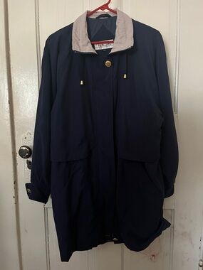 Talbots Navy Trench Coat with Light Gray Contrast Collar